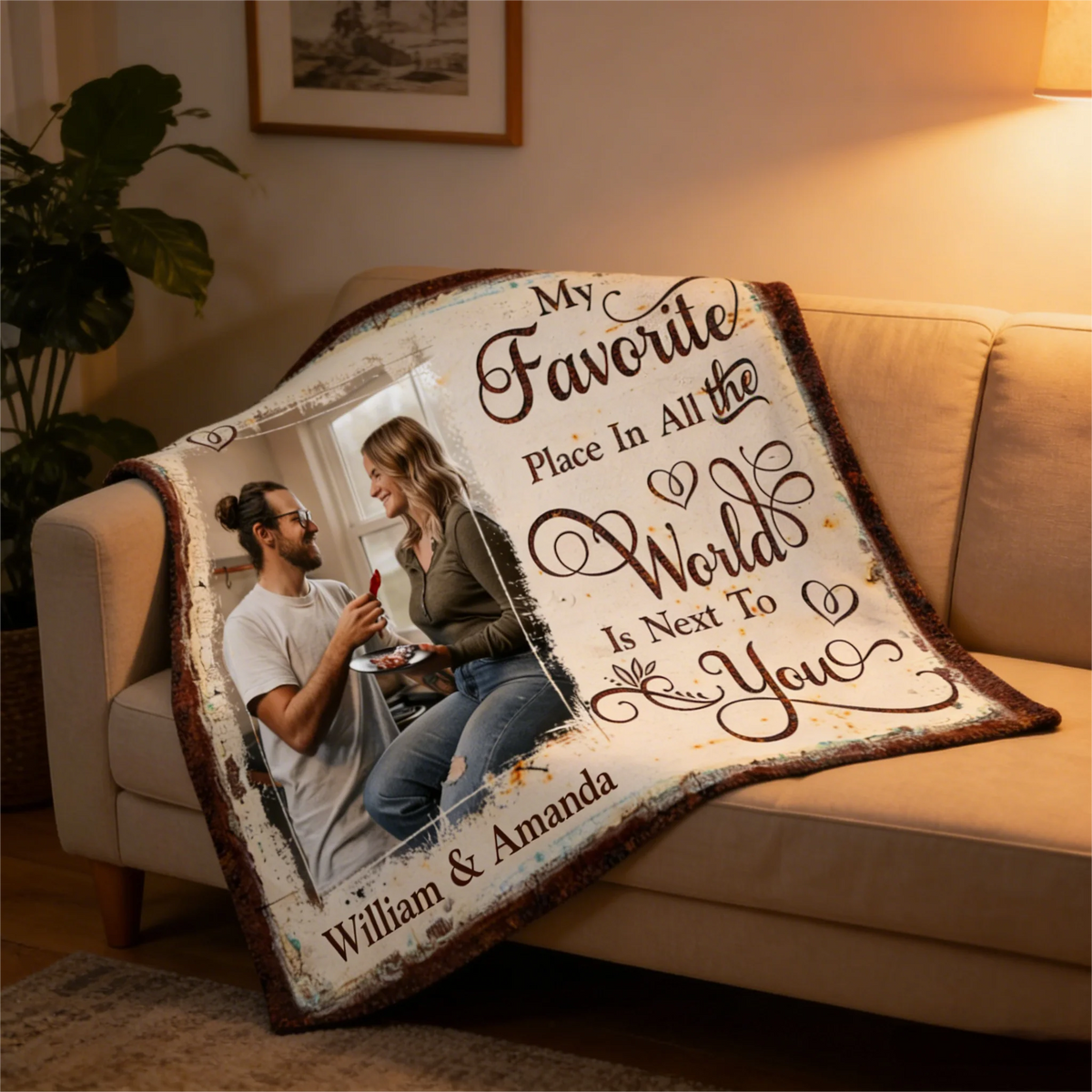 Personalized Couple Throw Blanket With Quote "My Favorite Place In All The World Is Next To You", Anniversary Gift for Boyfriend & Girlfriend