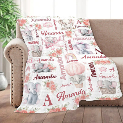 Elephant Love Themed Personalized Baby Blanket, Custom Name Soft Throw Keepsake Gift