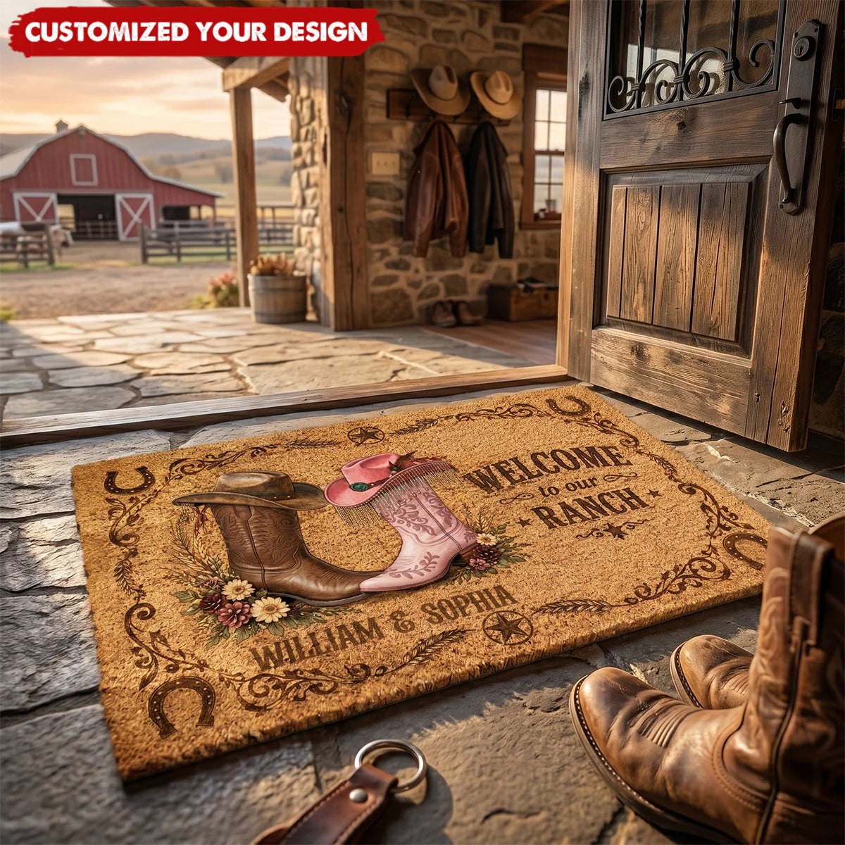 Two Hearts, One Ranch to Call Home – Personalized Western Doormat, Custom Couple Names Cowboy Welcome Mat
