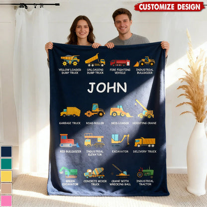 Personalized Construction Truck Blanket With Custom Name - Cozy Throw Gift for Truck Obsessed Kids