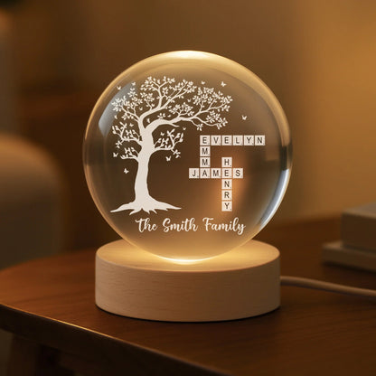 Family Tree Crossword Custom Crystal Ball Lamp - Personalized Sentimental Gift for Family