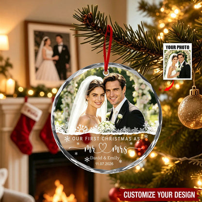 Our First Christmas, Our Forever Begins – Personalized Newlywed Photo Glass Ornament, Custom Names & Wedding Date Keepsake