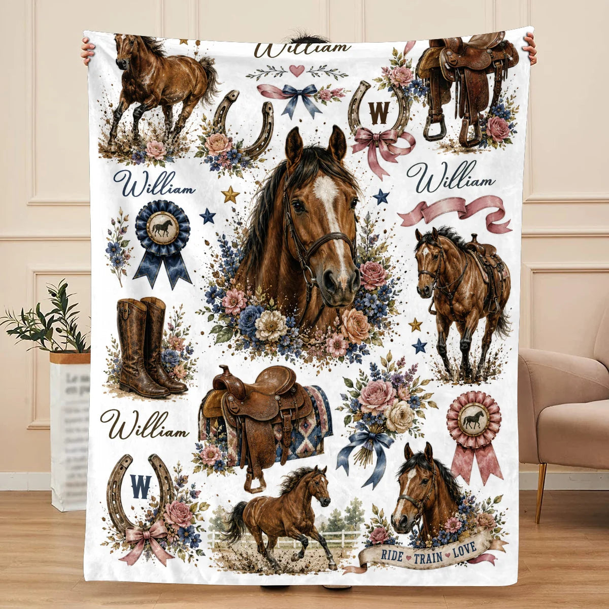 Custom Name Horse Blanket - Personalized Floral Western Cowgirl Gift for Horse Lovers