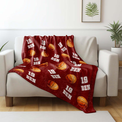 Custom Name & Number Basketball Fleece Blanket - Sports Personalized Gift for Kids