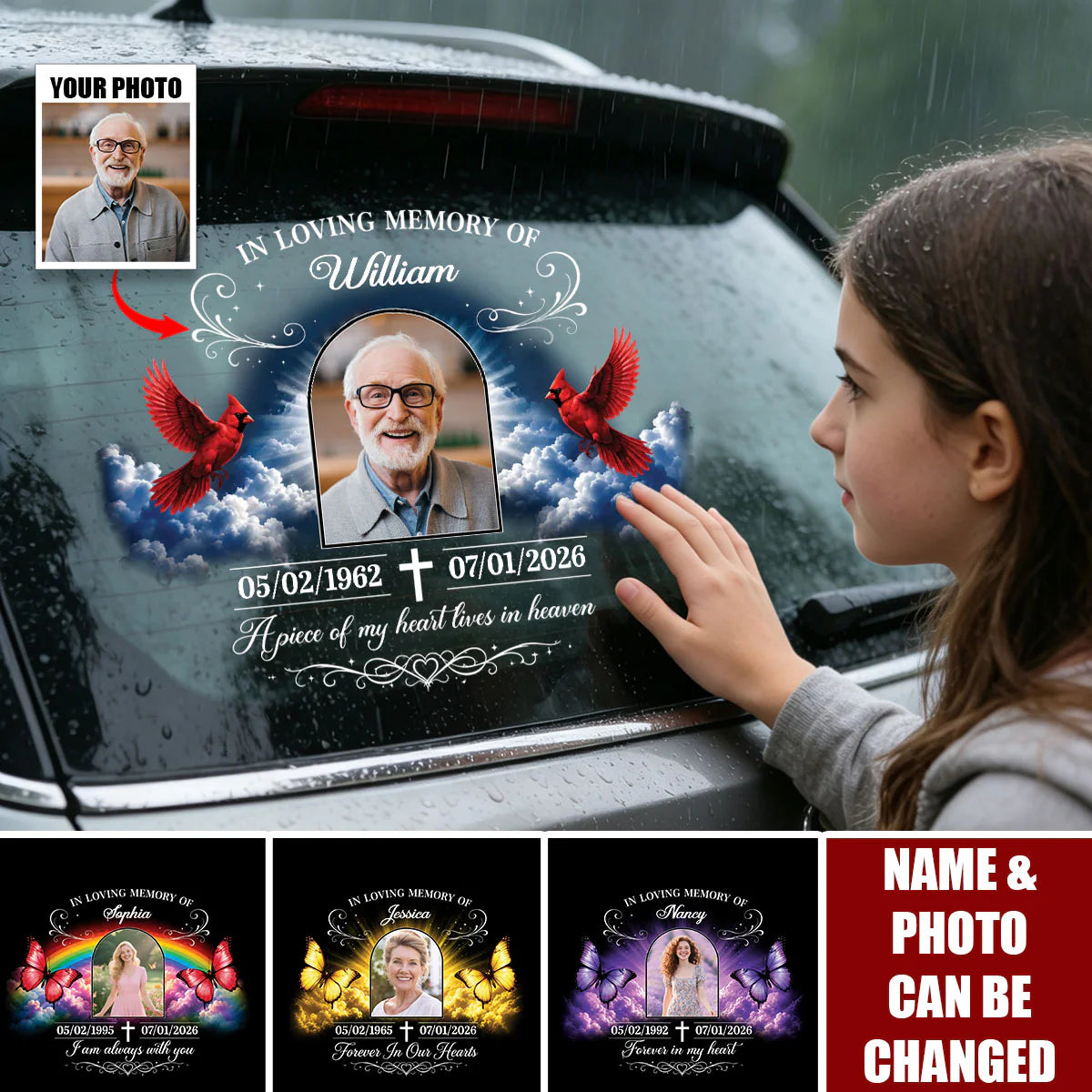 Your Love Goes Wherever I Go – Personalized Memorial Photo Car Decal, Custom Butterfly & Rainbow Remembrance Sticker