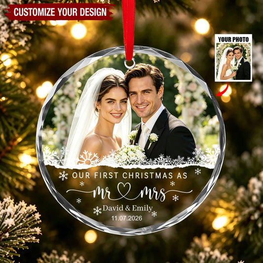 Our First Christmas, Our Forever Begins – Personalized Newlywed Photo Glass Ornament, Custom Names & Wedding Date Keepsake