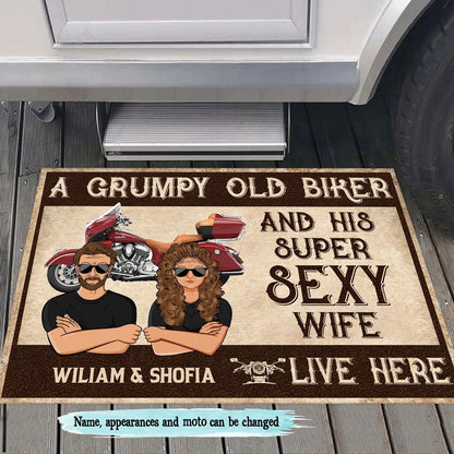 Two Hearts, One Wild Ride – Personalized Biker Couple Doormat, Custom Names Funny Motorcycle Welcome Mat