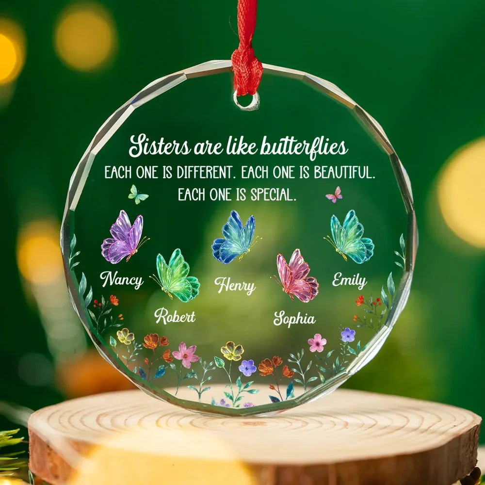Sisters Bloom in Their Own Way, Personalized Glass Ornament, Custom Name Keepsake for Sisters & Best Friends