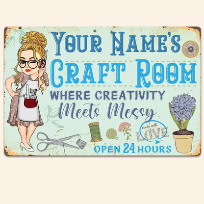 "Where Creativity Meets Messy Craft Room" Personalized Metal Sign - Custom Studio Wall Art Gift