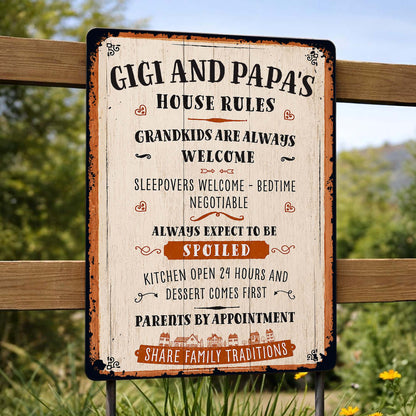 Gigi and Papa's House Rules Grandkids Welcome Personalized Metal Sign - Vintage Grandparent Wall Decor