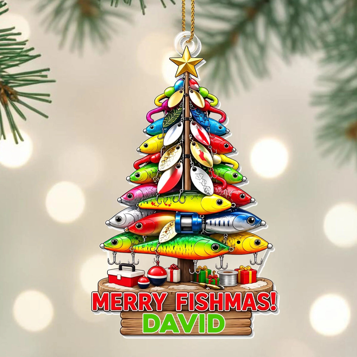 Merry Fishmas Tree Personalized Fishing Acrylic Christmas Ornament - Custom Holiday Gift for Fishing Lovers