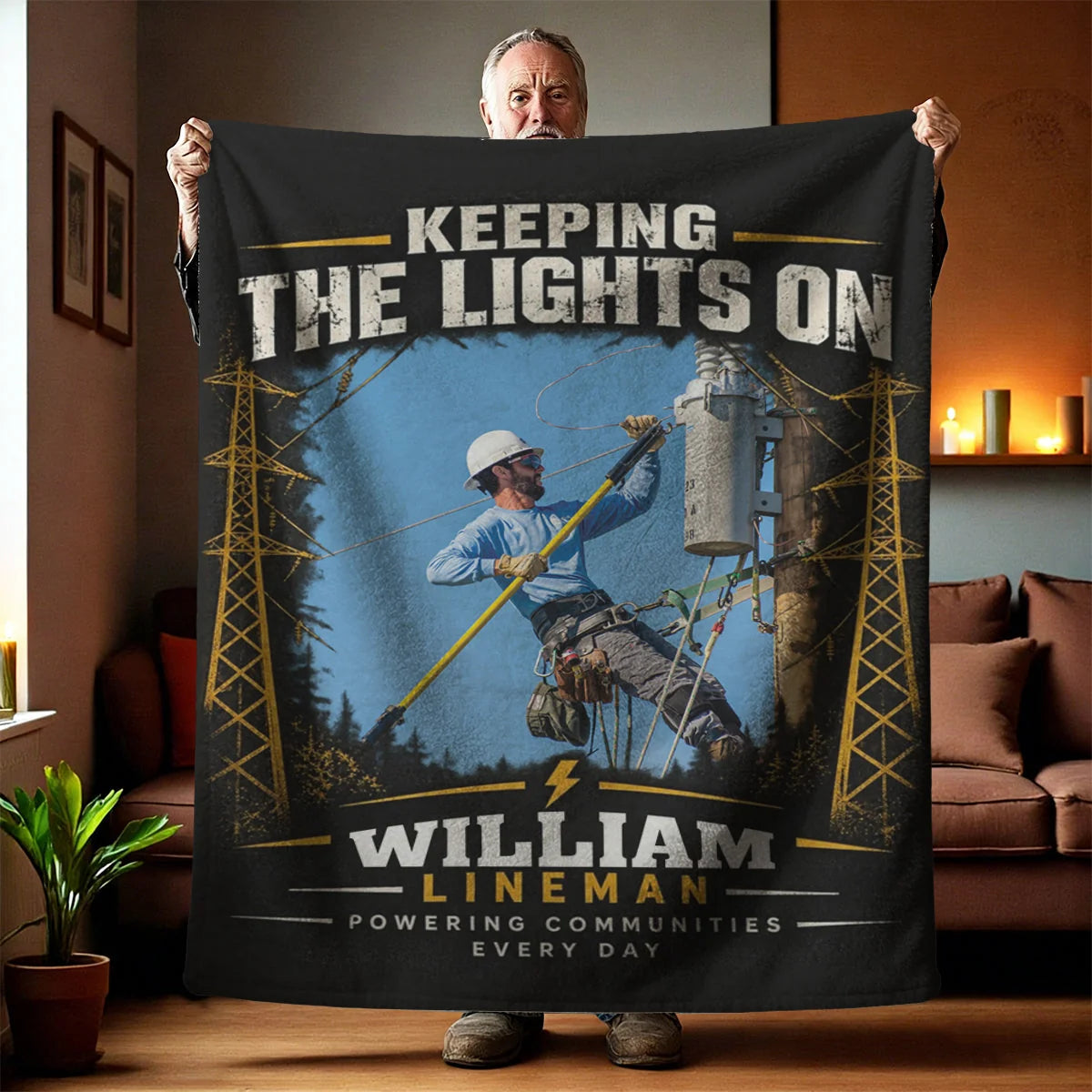 Keeping The Lights On Personalized Lineman Blanket - Custom Photo Gift for Dad or Husband