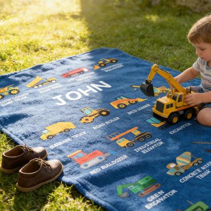 Personalized Construction Truck Blanket With Custom Name - Cozy Throw Gift for Truck Obsessed Kids