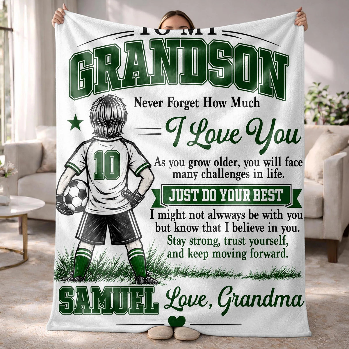 "Never Forget How Much I Love You" Personalized Soccer Blanket for Grandson - Birthday Gift from Grandma