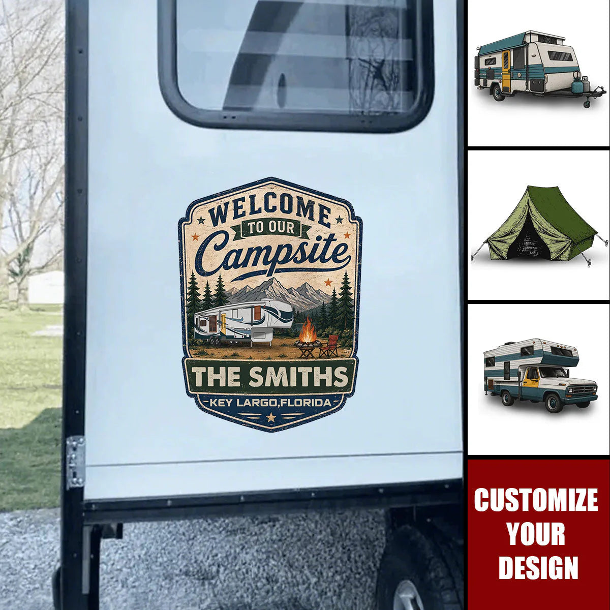 Welcome To Our Campsite Personalized RV Decal - Custom Camper Sticker with Family Name & Location