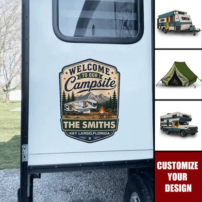 Welcome To Our Campsite Personalized RV Decal - Custom Camper Sticker with Family Name & Location