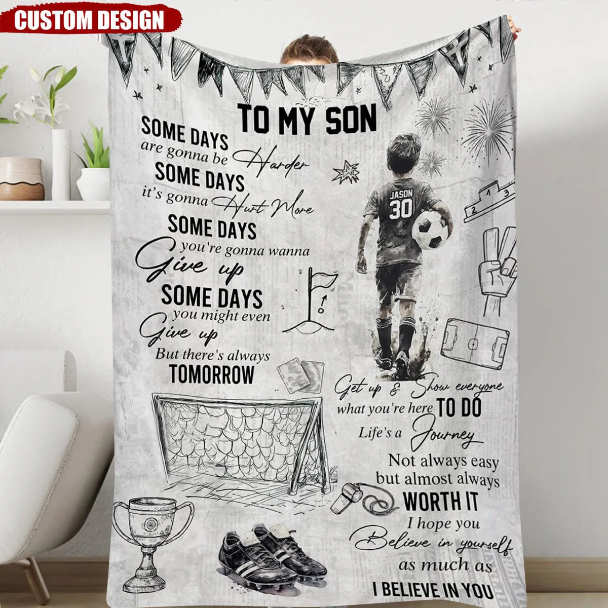 Personalized Soccer Blanket for Boys - Custom Name and Number Gift for Son or Grandson