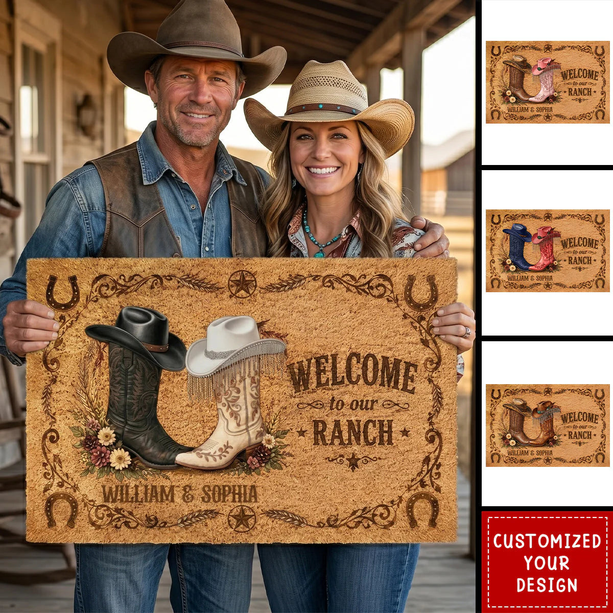Two Hearts, One Ranch to Call Home – Personalized Western Doormat, Custom Couple Names Cowboy Welcome Mat