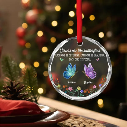 Sisters Bloom in Their Own Way, Personalized Glass Ornament, Custom Name Keepsake for Sisters & Best Friends