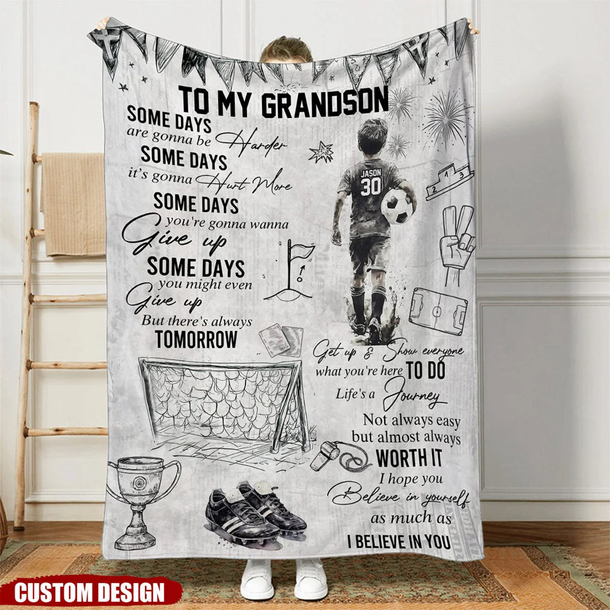 Personalized Soccer Blanket for Boys - Custom Name and Number Gift for Son or Grandson