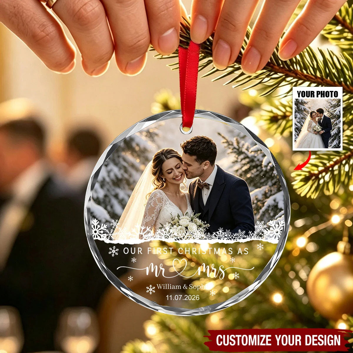Our First Christmas, Our Forever Begins – Personalized Newlywed Photo Glass Ornament, Custom Names & Wedding Date Keepsake