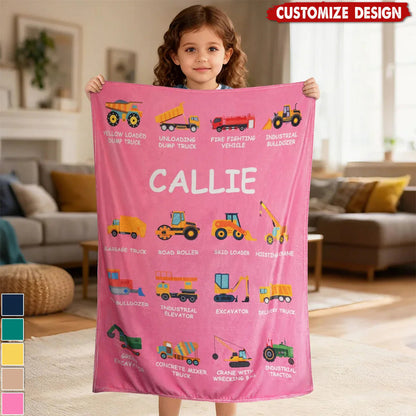 Personalized Construction Truck Blanket With Custom Name - Cozy Throw Gift for Truck Obsessed Kids