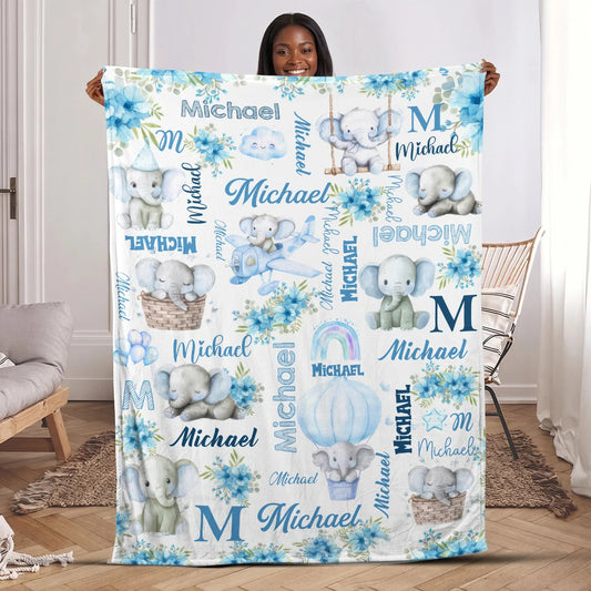 Elephant Love Themed Personalized Baby Blanket, Custom Name Soft Throw Keepsake Gift