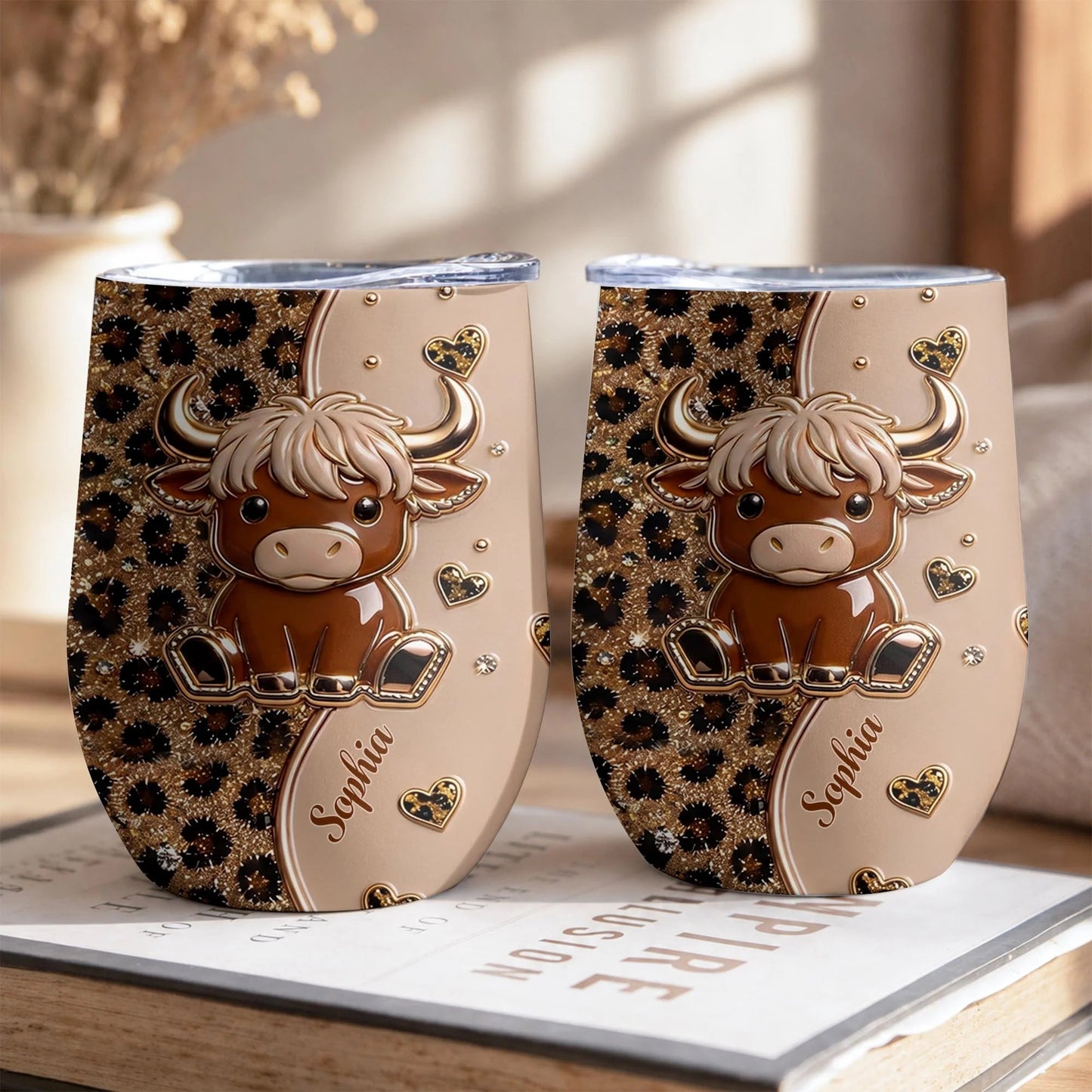 Cute Highland Cow Leopard Hearts Personalized Wine Tumbler - Custom Cow Lovers Birthday Gift