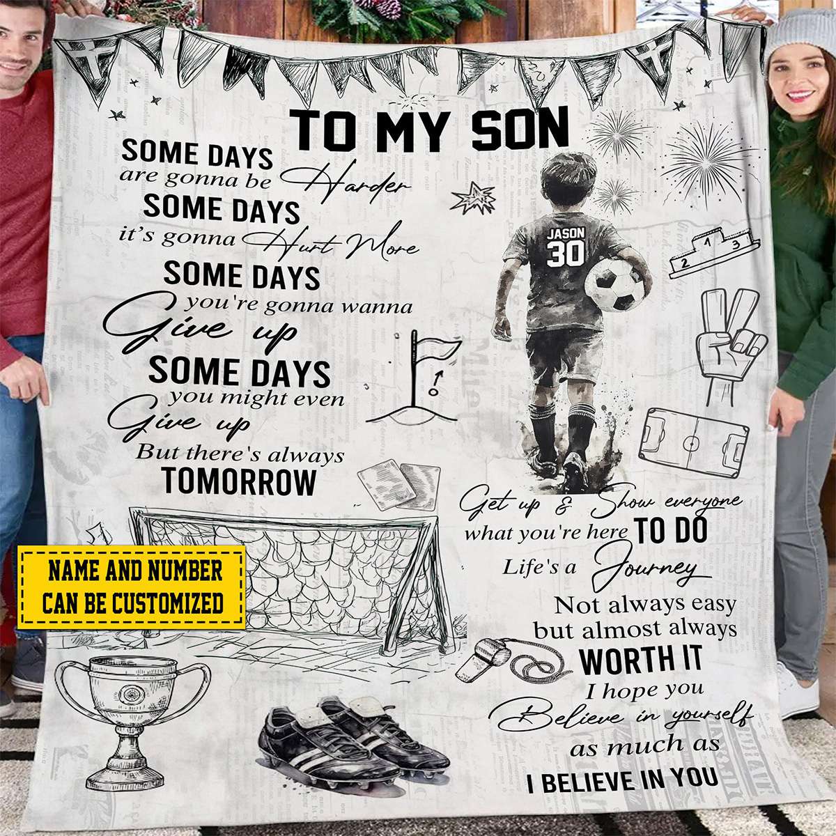 Personalized Soccer Blanket for Boys - Custom Name and Number Gift for Son or Grandson