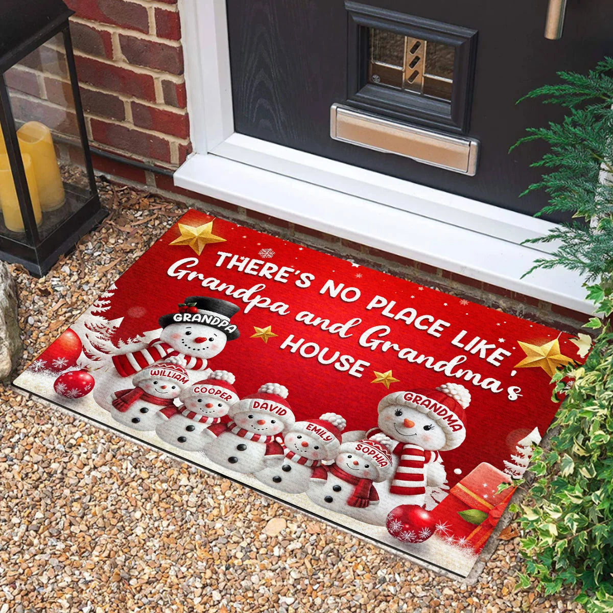 "There's No Place Like Grandpa & Grandma's House" Personalized Doormat - Custom Snowman Family Christmas Welcome Mat