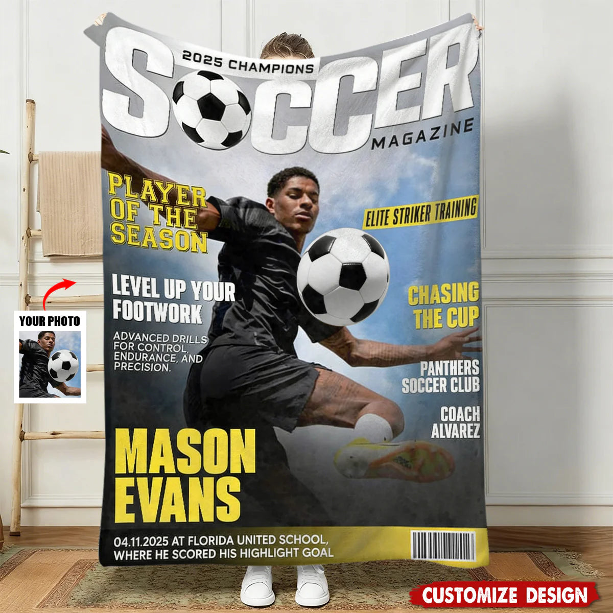 Personalized Soccer Magazine Cover Blanket - Custom Sports Player Photo Gift