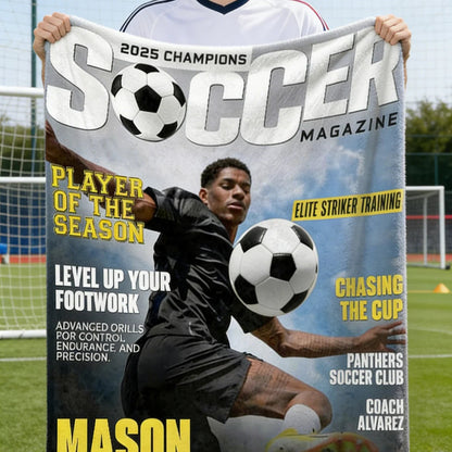 Personalized Soccer Magazine Cover Blanket - Custom Sports Player Photo Gift