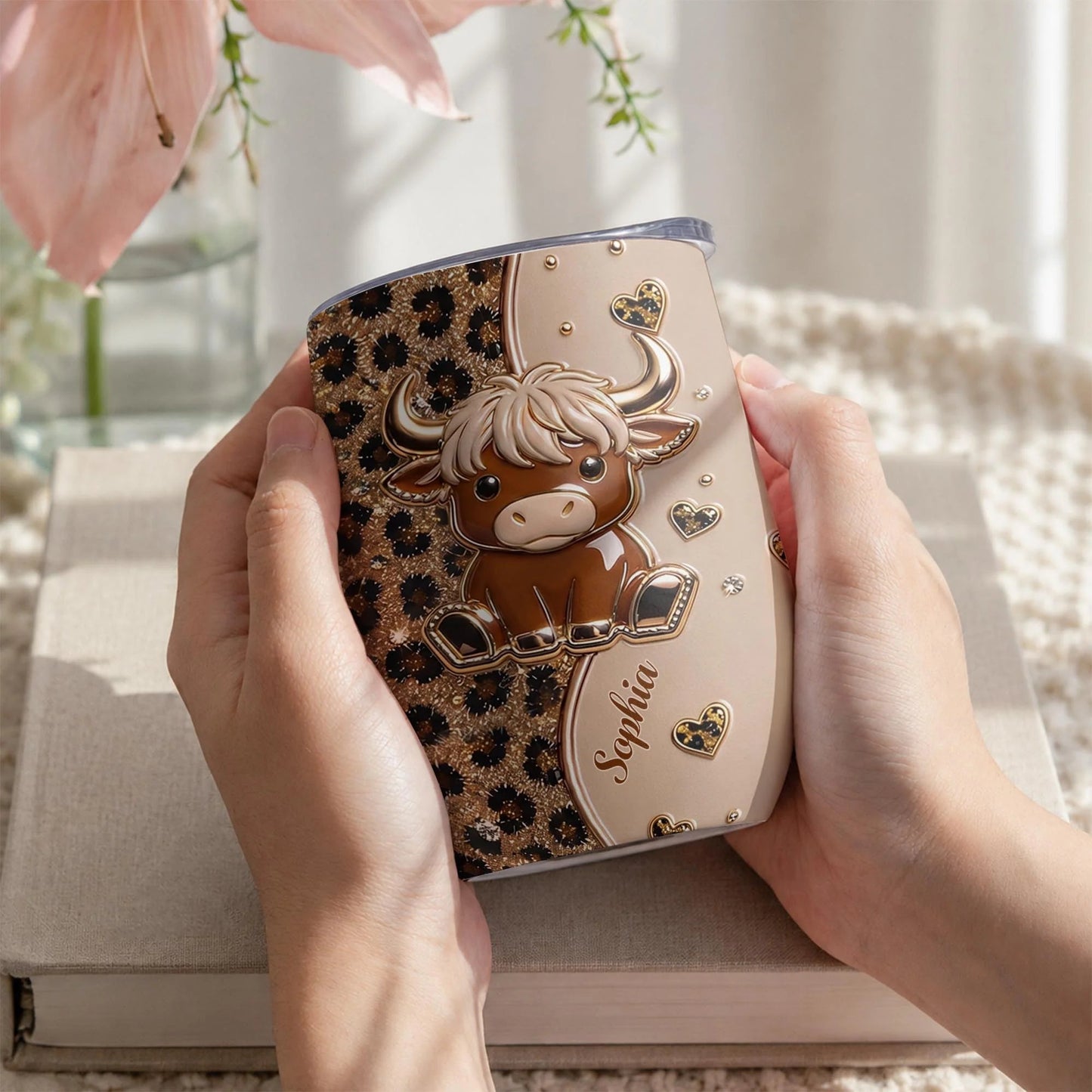 Cute Highland Cow Leopard Hearts Personalized Wine Tumbler - Custom Cow Lovers Birthday Gift