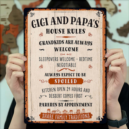 Gigi and Papa's House Rules Grandkids Welcome Personalized Metal Sign - Vintage Grandparent Wall Decor