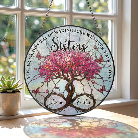 Bonded as Sisters Personalized Tree of Life Stained Glass Suncatcher - Custom Window Ornament Gift