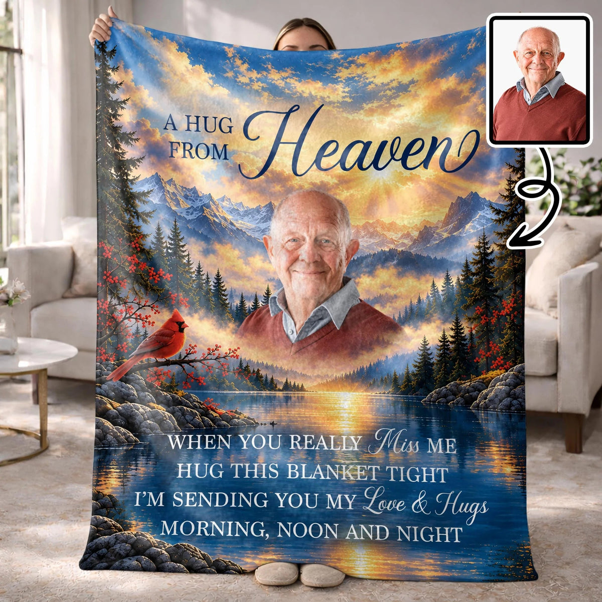 A Hug From Heaven Personalized Photo Memorial Blanket - Custom Cardinal Sympathy Keepsake Gift for Family