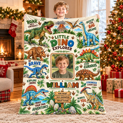 Little Explorer Personalized Dinosaur Photo Blanket - Custom Soft Throw Gift for Boys