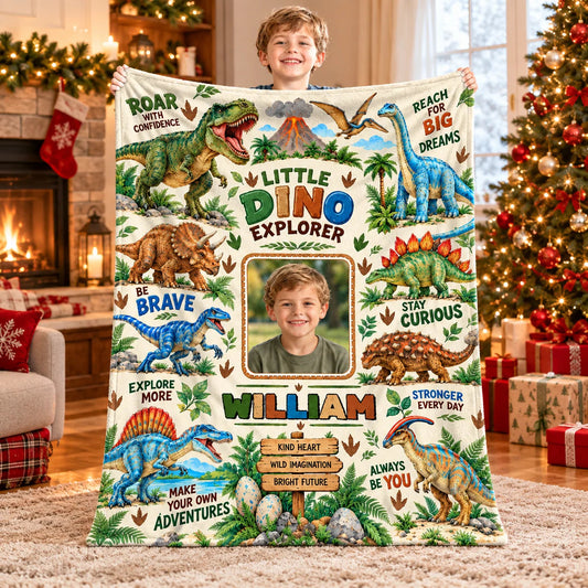 Little Explorer Personalized Dinosaur Photo Blanket - Custom Soft Throw Gift for Boys