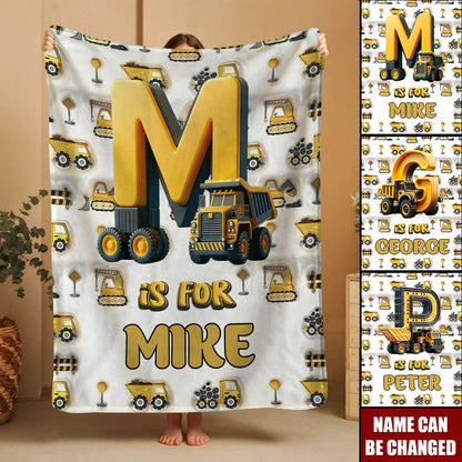 Custom Name Construction Vehicle Fleece Throw Blanket - Unique Gift for Kids