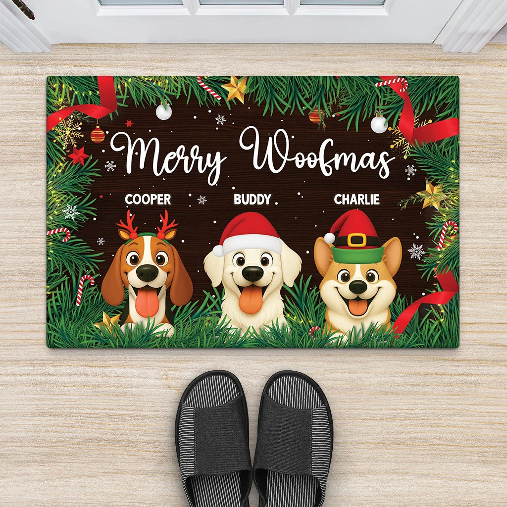 Merry Woofmas Personalized Dog Doormat for Dog Lovers - Custom Christmas Pet Entry Mat