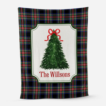Custom Christmas Tree Tartan Blanket - Personalized Family Name Keepsake Throw Gift