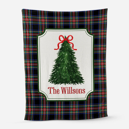 Custom Christmas Tree Tartan Blanket - Personalized Family Name Keepsake Throw Gift