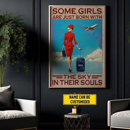 "Some Girls Are Just Born With The Sky" Personalized Stewardess Canvas / Poster - Custom Wall Art Gift for Flight Attendant