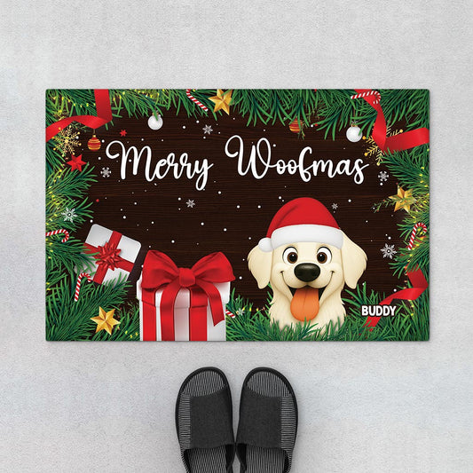 Merry Woofmas Personalized Dog Doormat for Dog Lovers - Custom Christmas Pet Entry Mat