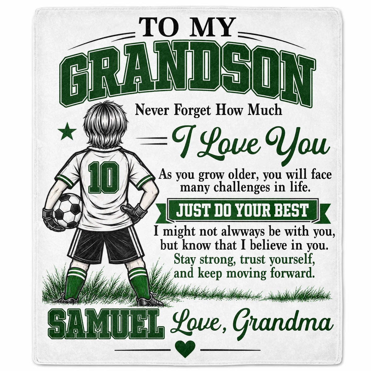 "Never Forget How Much I Love You" Personalized Soccer Blanket for Grandson - Birthday Gift from Grandma