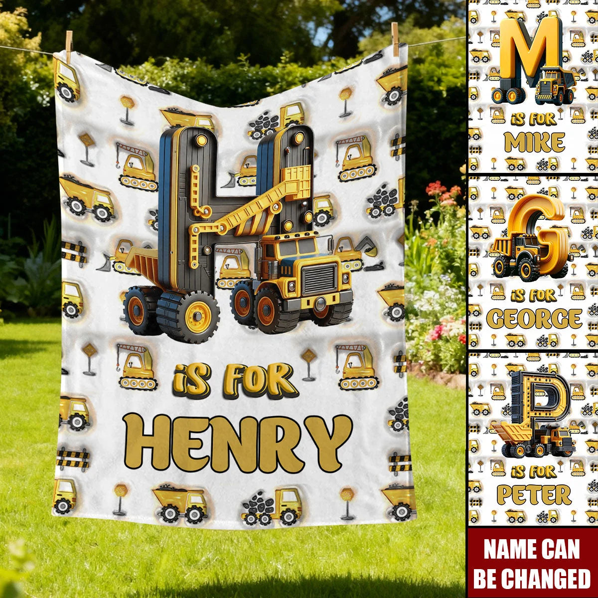 Custom Name Construction Vehicle Fleece Throw Blanket - Unique Gift for Kids