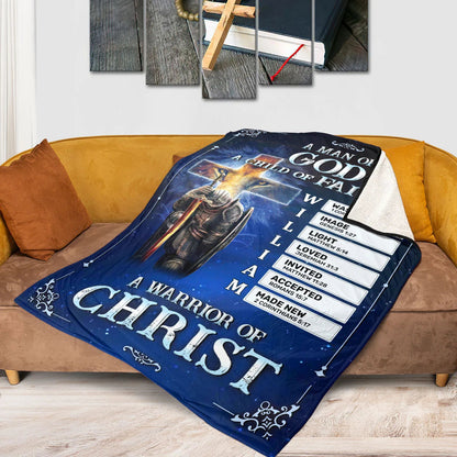 Custom "Man of God Warrior of Christ" Christian Fleece Blanket - Personalized Religious Faith Keepsake Gift