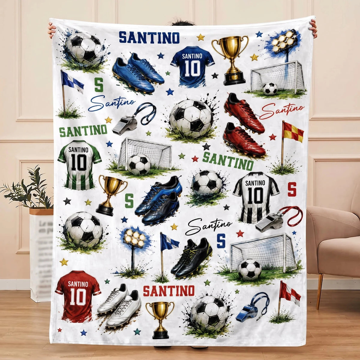 Soccer Jersey Style Personalized Blanket, Custom Name and Number Sports Gift