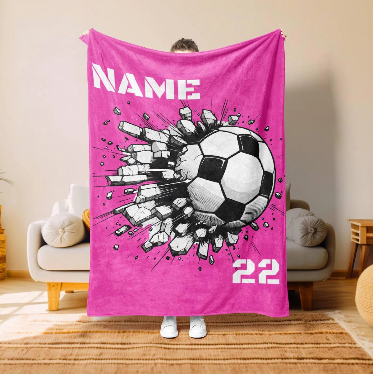 Personalized Soccer Throw Blanket with Custom Name & Number, Birthday Gift for Kids and Youth Football Players