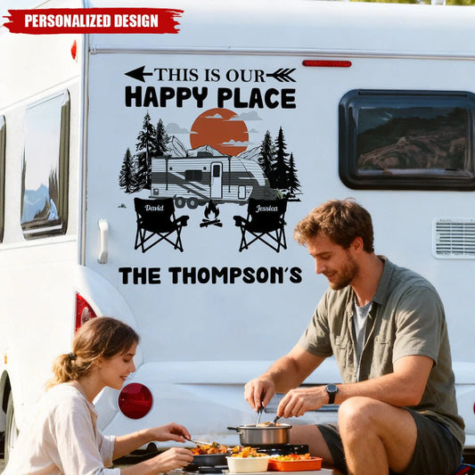 "This Is Our Happy Place" Personalized RV Decal - Custom Family Name Camping Sticker